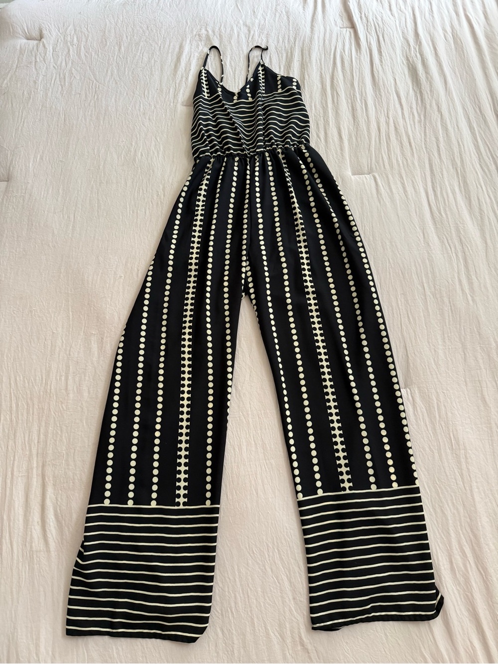 C. Luce Black and White Striped & Polka-Dot Wide-Leg Jumpsuit
